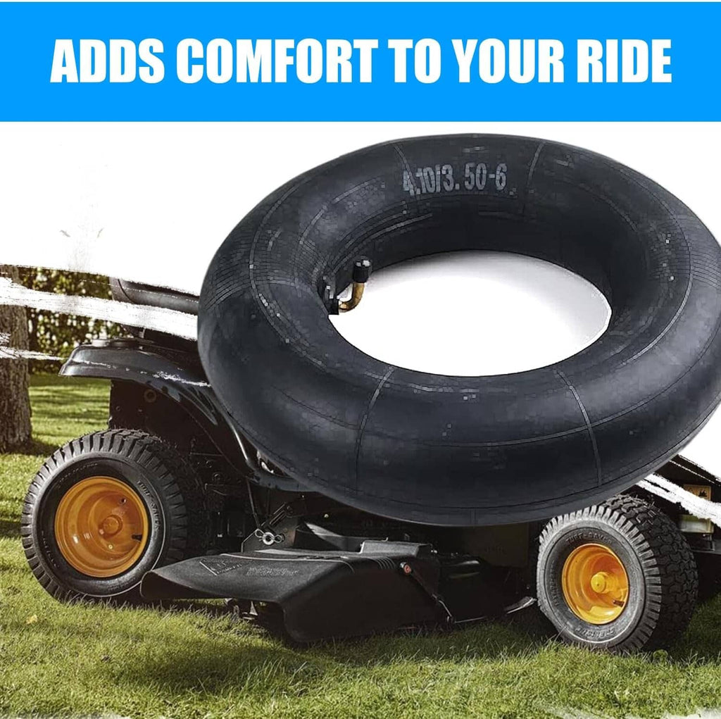 Black 4.10/3.50-6 inner tube with bent valve stem on outdoor equipment
