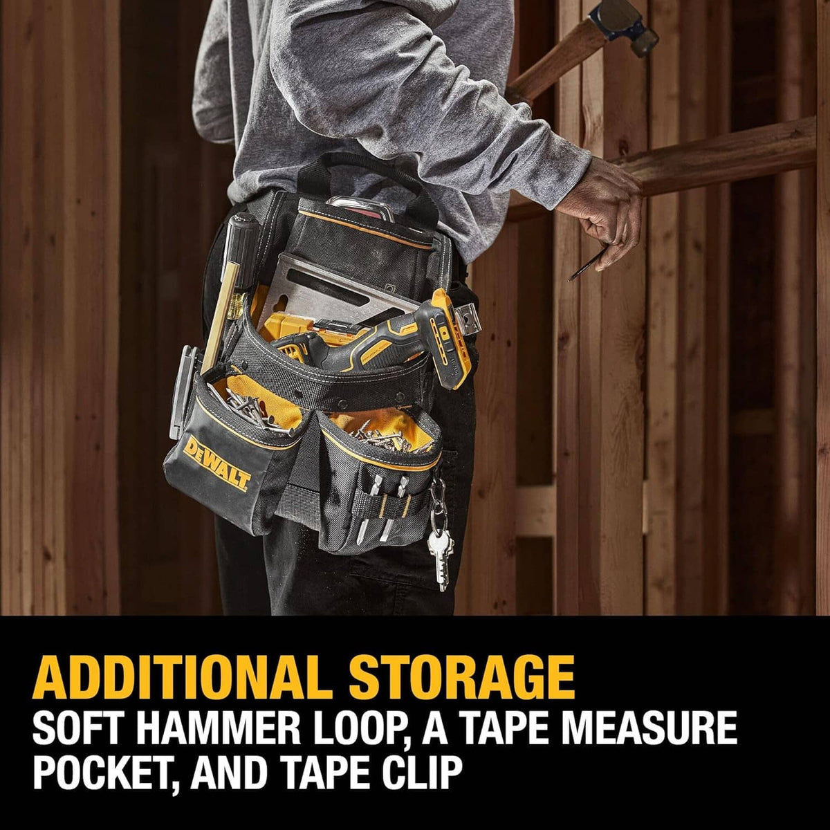 Tool belt pouch worn on jobsite, black with yellow-trim pockets and tool storage compartments