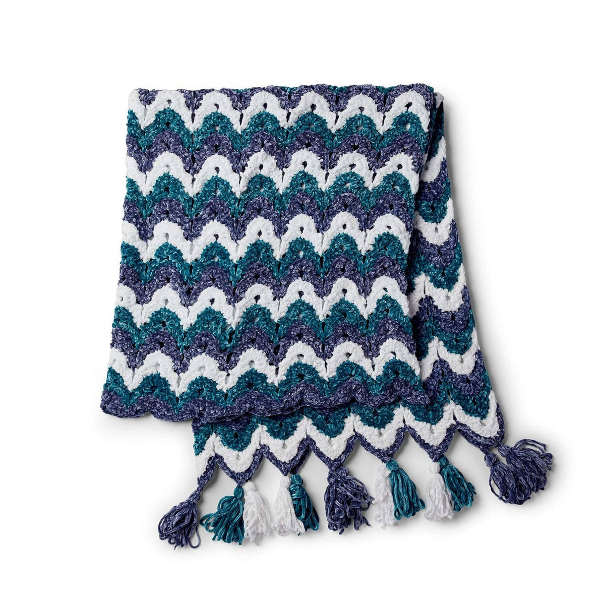 Multicolor chevron knit scarf/throw with fringe tassels along the bottom