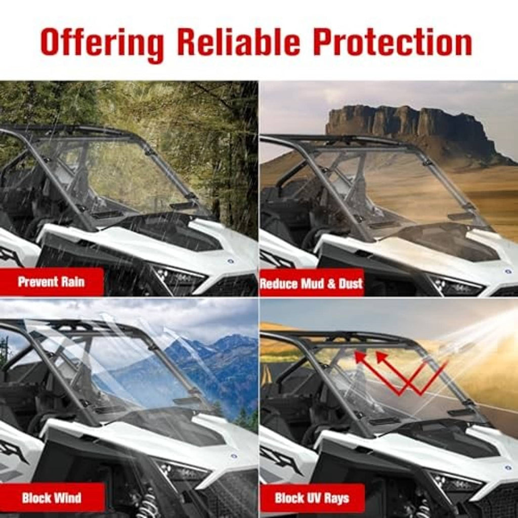 Clear vented windshield on vehicle front with black frame supports