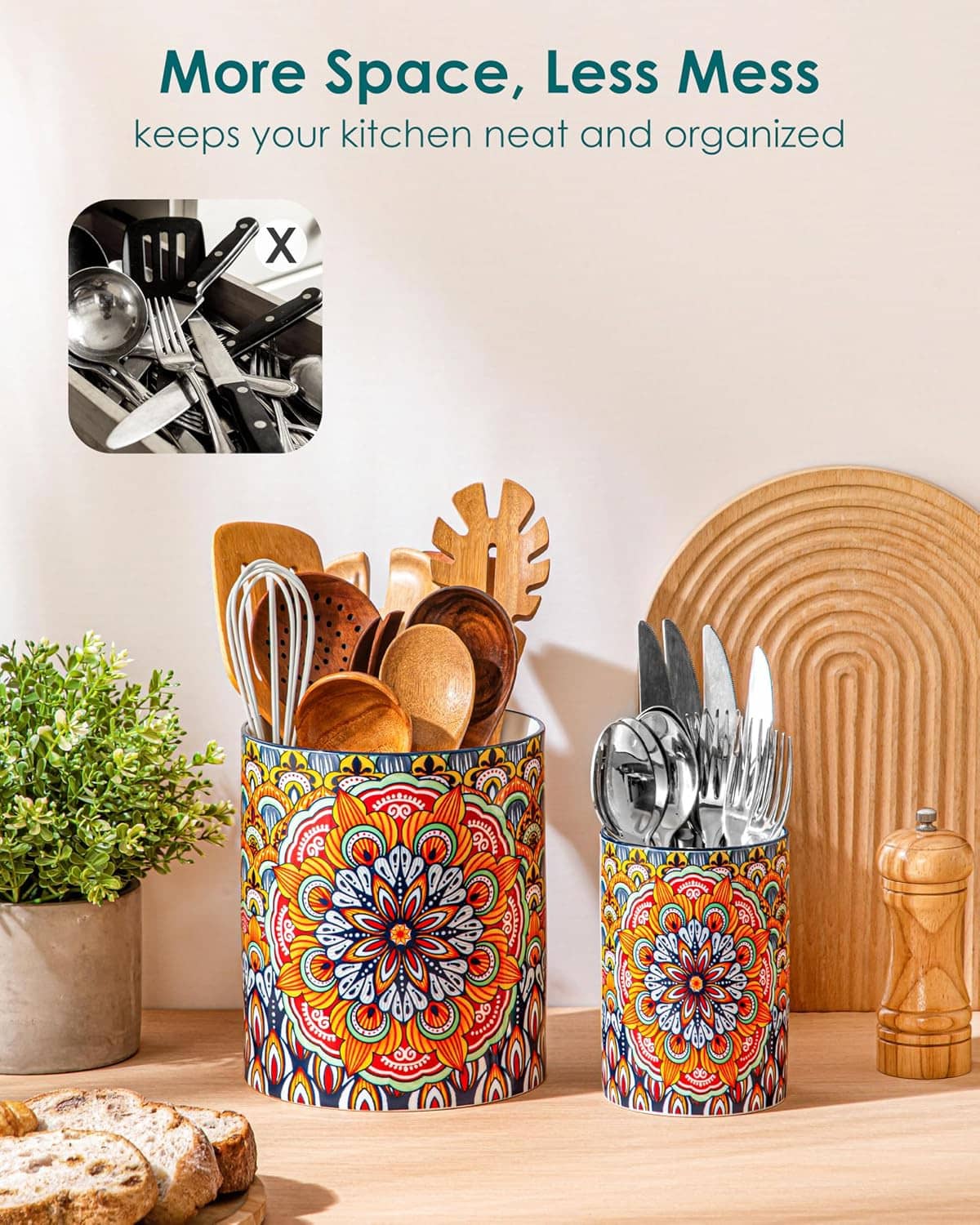 Two boho ceramic utensil holders with colorful floral mandala pattern and blue rims