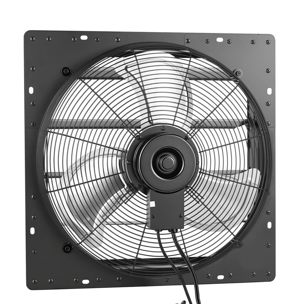 20 in wall-mount shutter exhaust fan with round metal grille and central motor hub