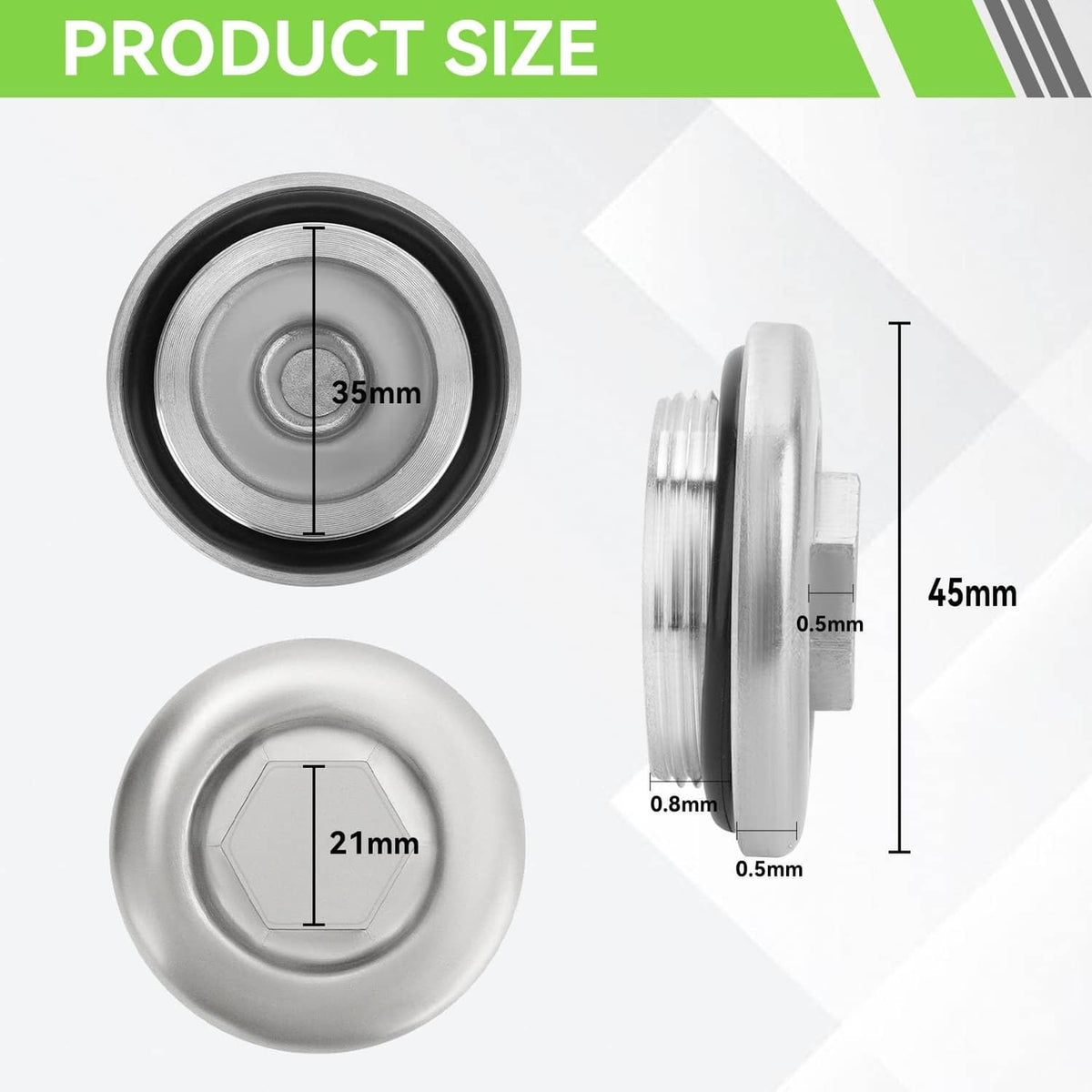 Oil drain plug dimensions: 35mm hex, 45mm outer height, 0.5mm thickness.