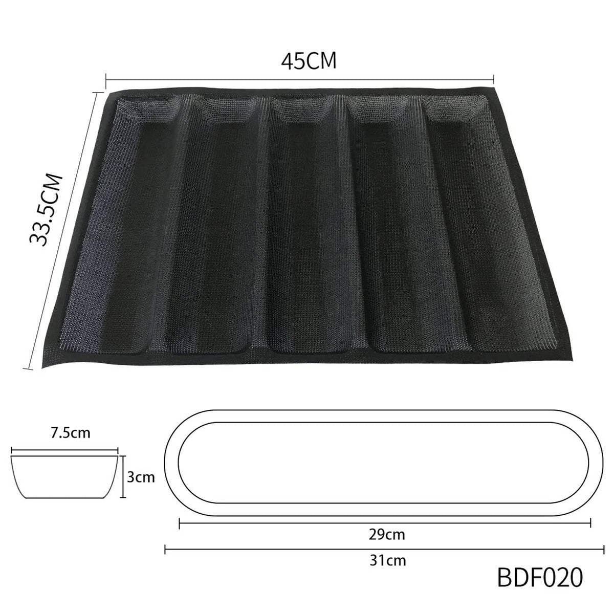 Black 5-cavity hot dog silicone mold, about 45 x 31 cm size (shown on diagram)