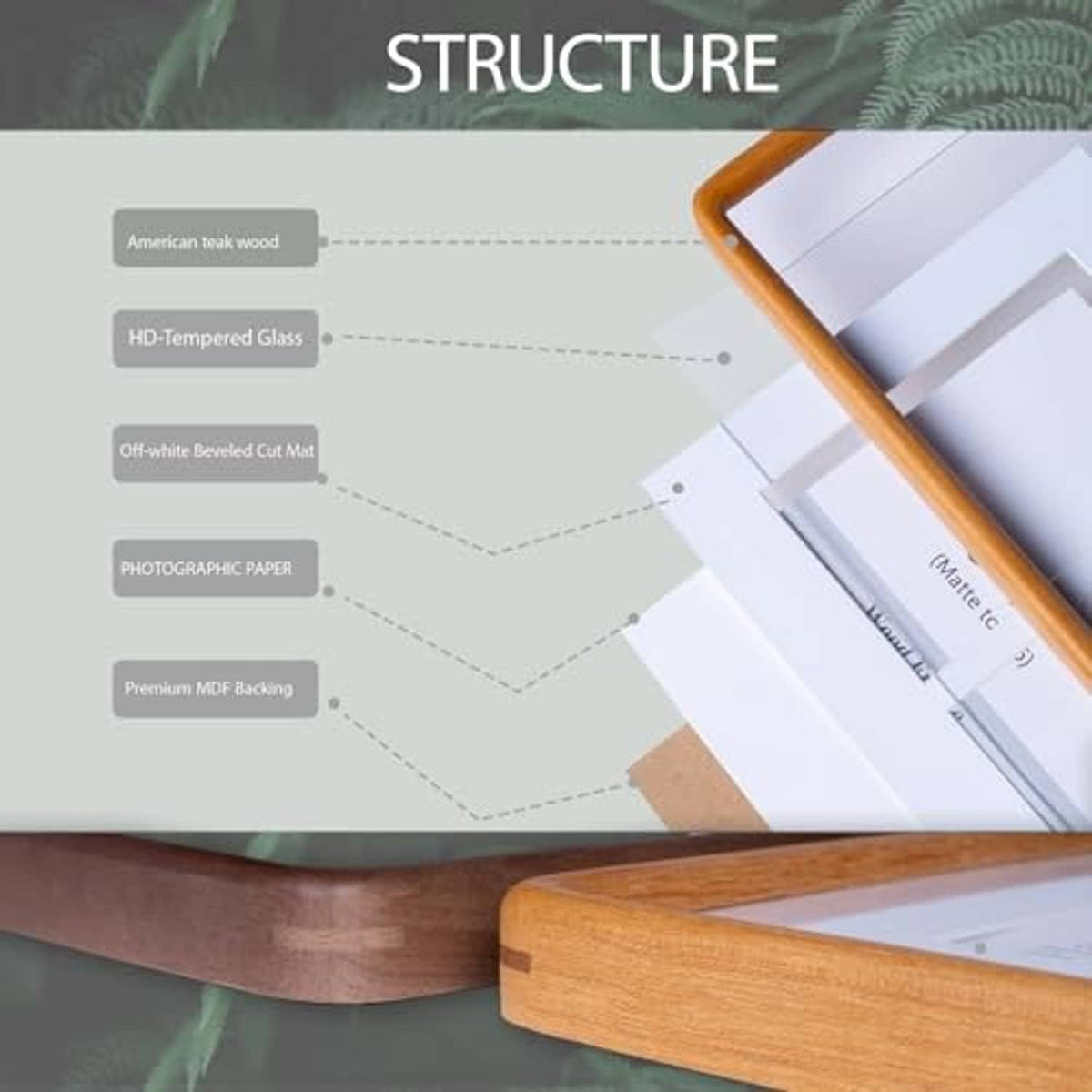 Teak wood 5x7 picture frame with tempered glass, mat, and backing layers