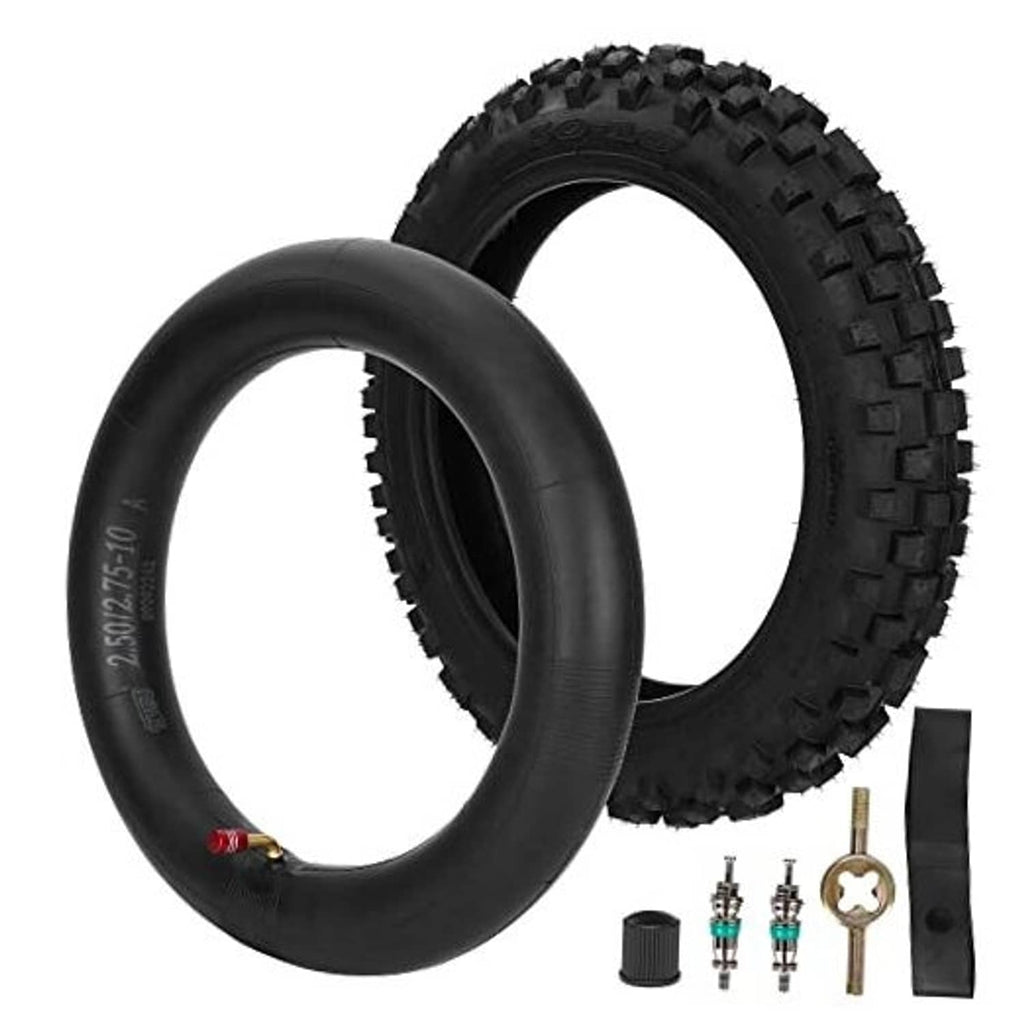 2.50-10 off-road tire with black inner tube, TR87 valve, and mounting tools