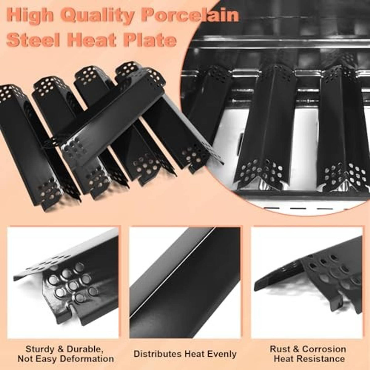 Black porcelain steel heat plate with vent holes for grill burners