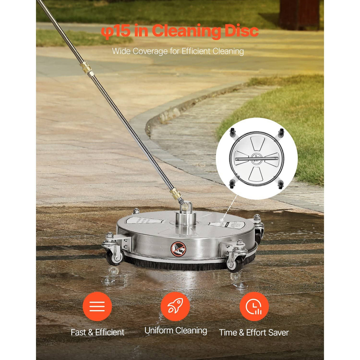 Stainless steel surface cleaner with long spray wand and rotating base on pavement