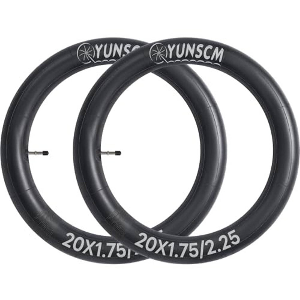 Two black bike inner tubes laid flat, each labeled 20x1.75/2.25 with valve stems