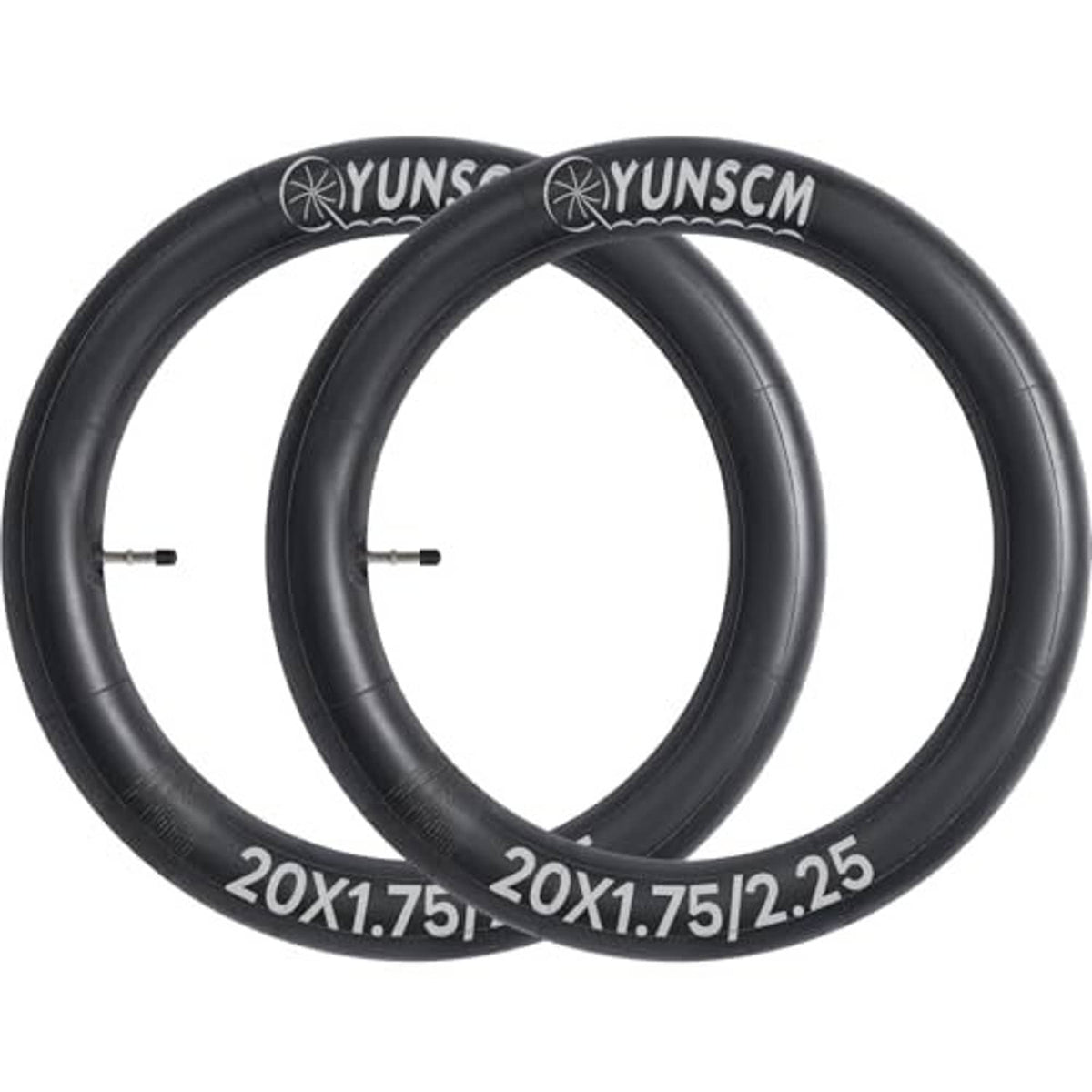 Two black bike inner tubes laid flat, each labeled 20x1.75/2.25 with valve stems