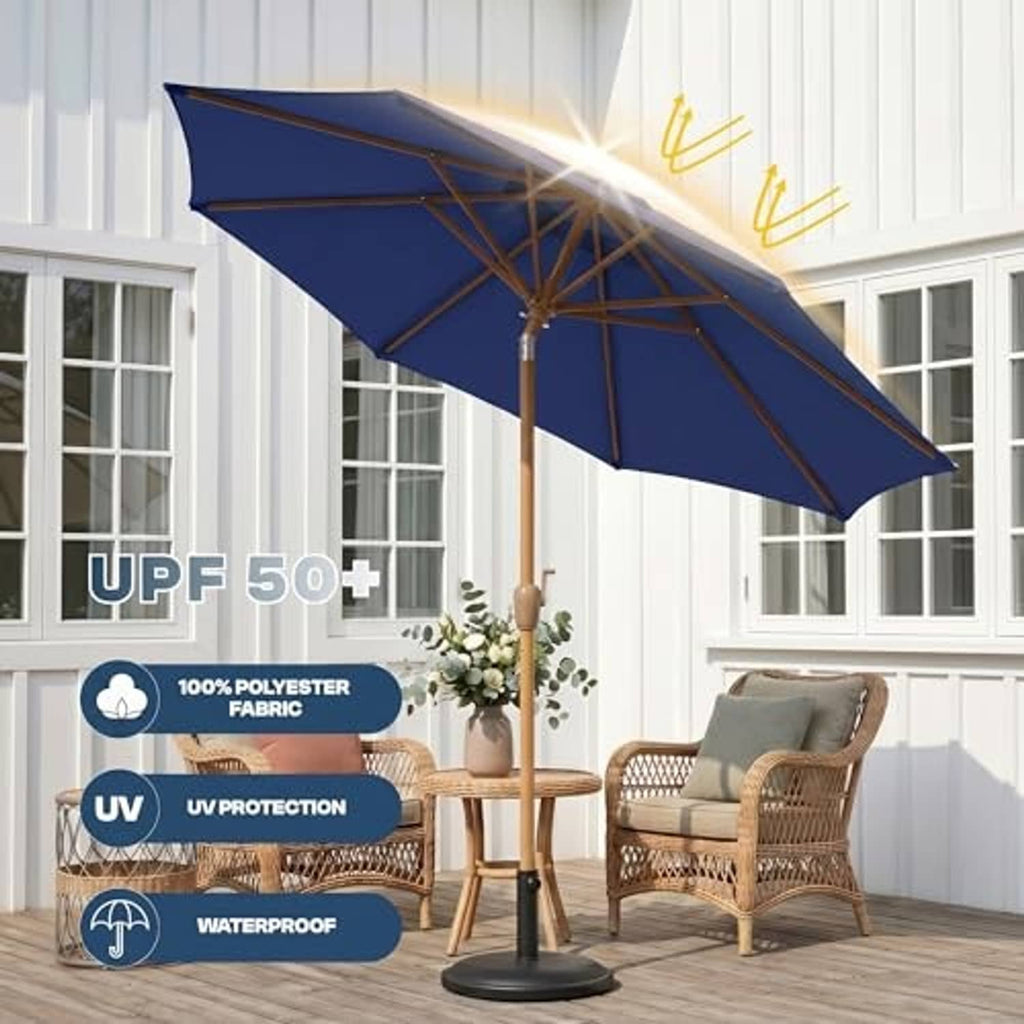 Navy market table umbrella on a wooden pole with protective UV and waterproof fabric