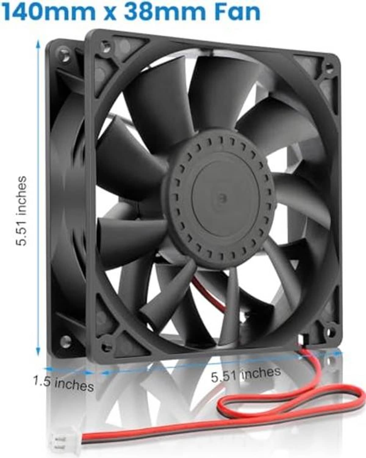 Black 140mm x 38mm fan with mounting corners and attached red power wire