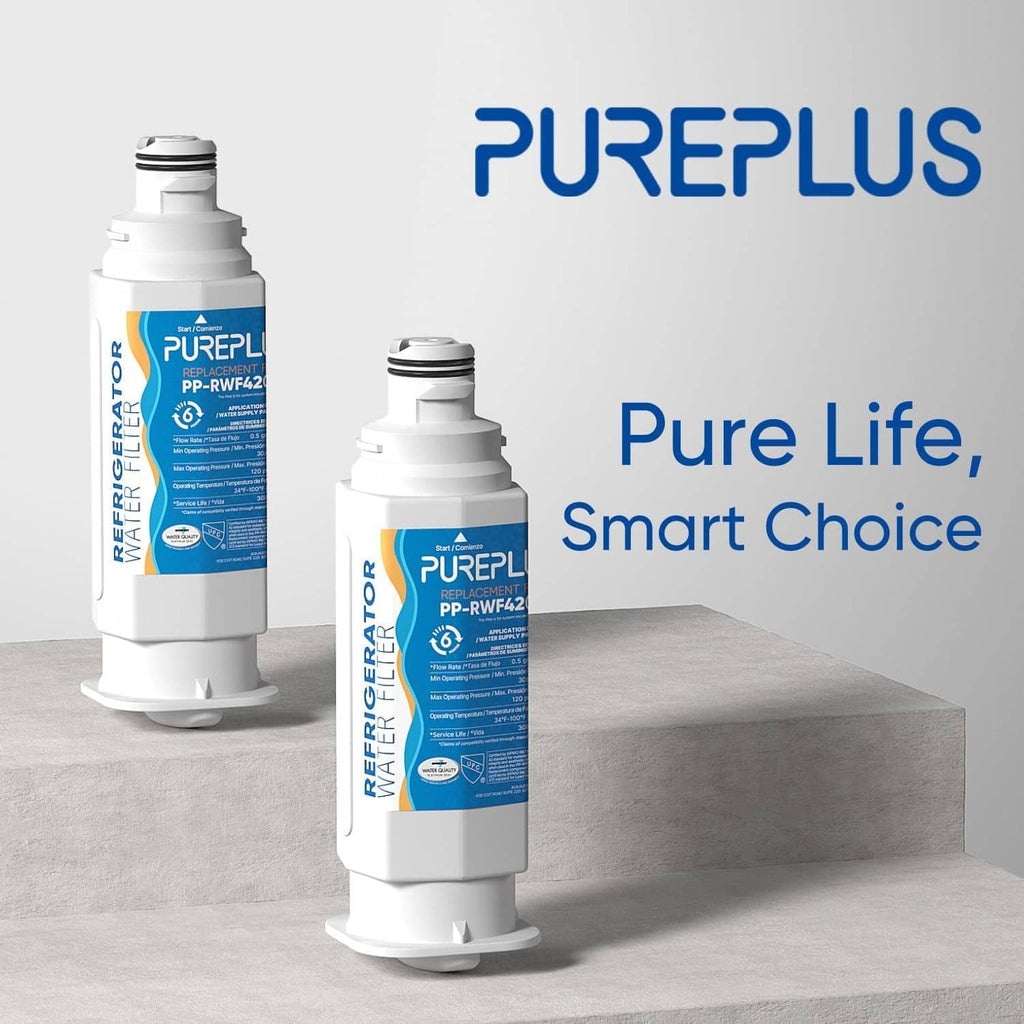 PUREPLUS refrigerator water filter replacement cartridges, white with blue labels.