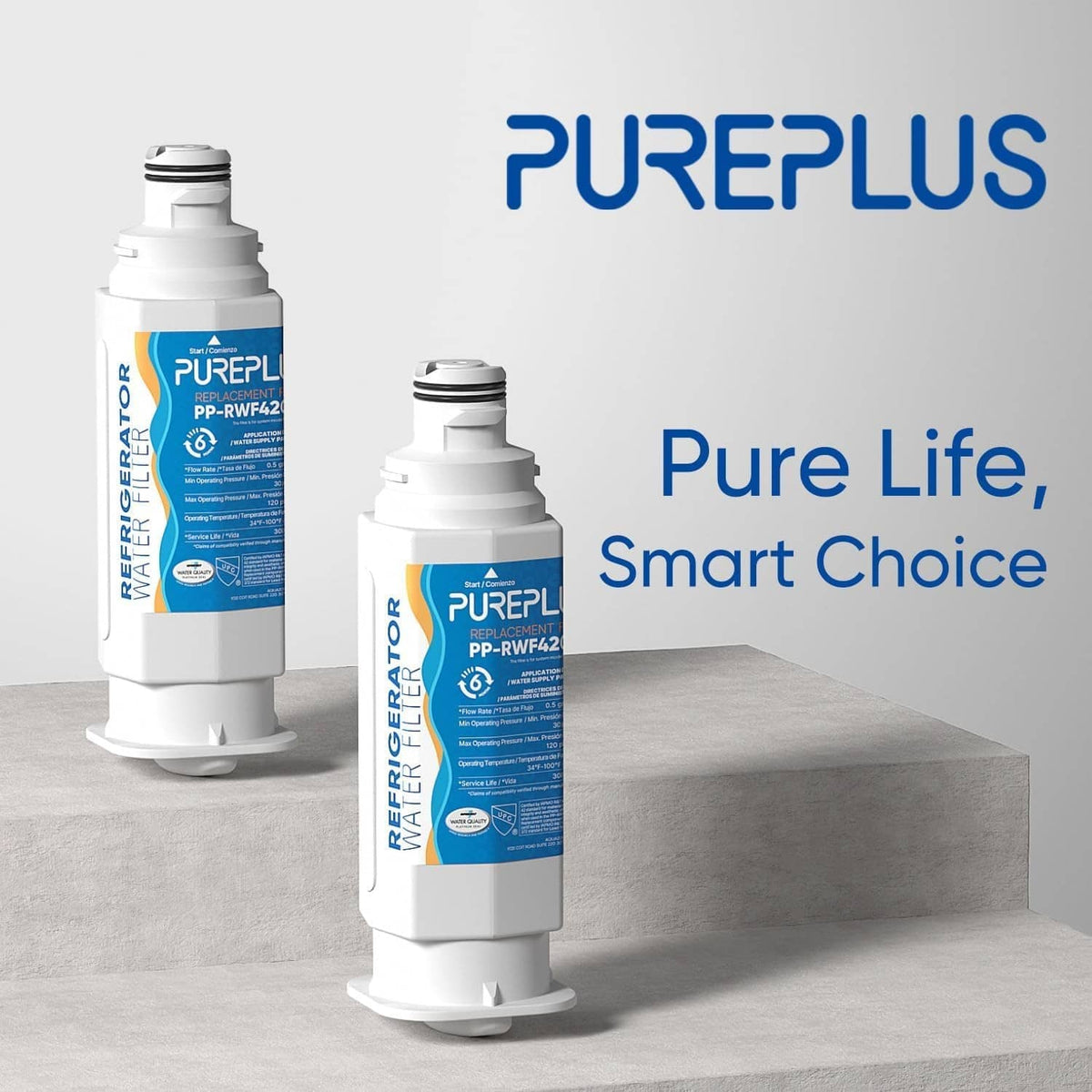 PUREPLUS refrigerator water filter replacement cartridges, white with blue labels.