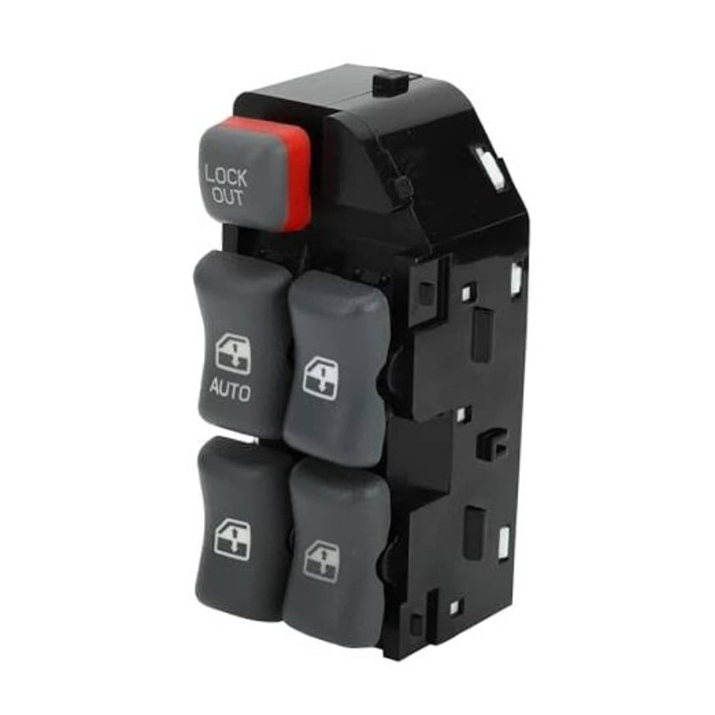 Driver-side power window switch with gray rocker buttons and red LOCK OUT cap