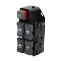 Driver-side power window switch with gray rocker buttons and red LOCK OUT cap