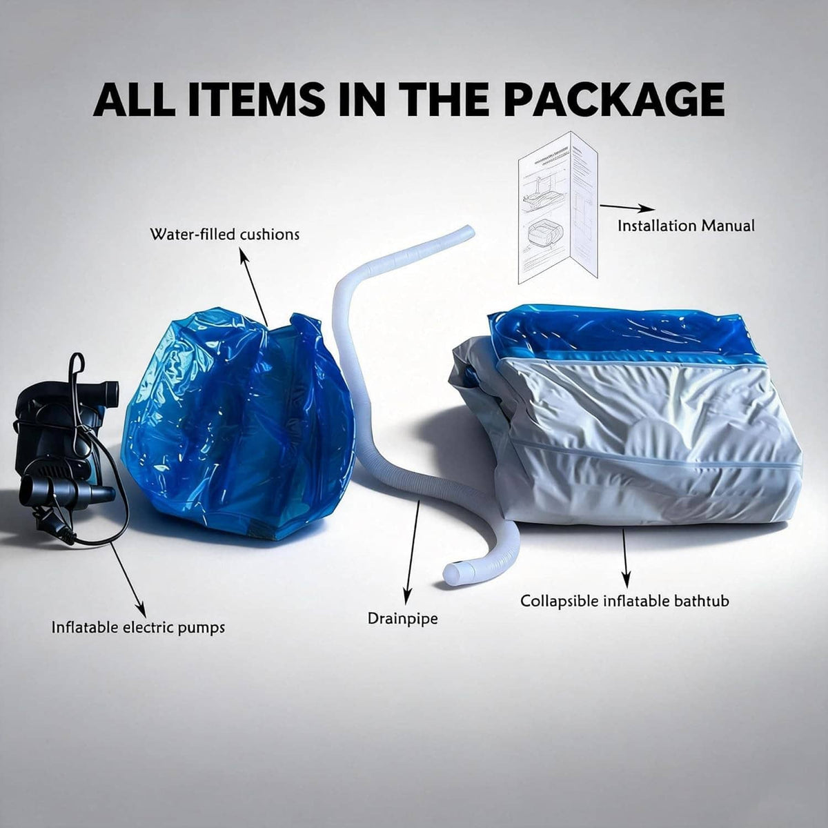 Double inflatable bathtub package contents: cushions, electric pump, drainpipe, and manual