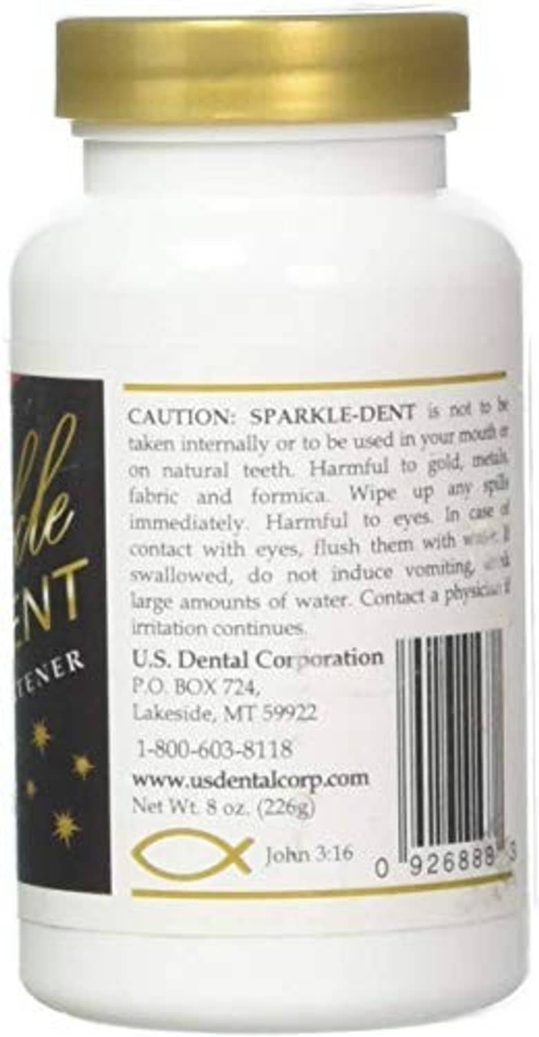 Denture whitener bottle, back label with caution and ingredients text