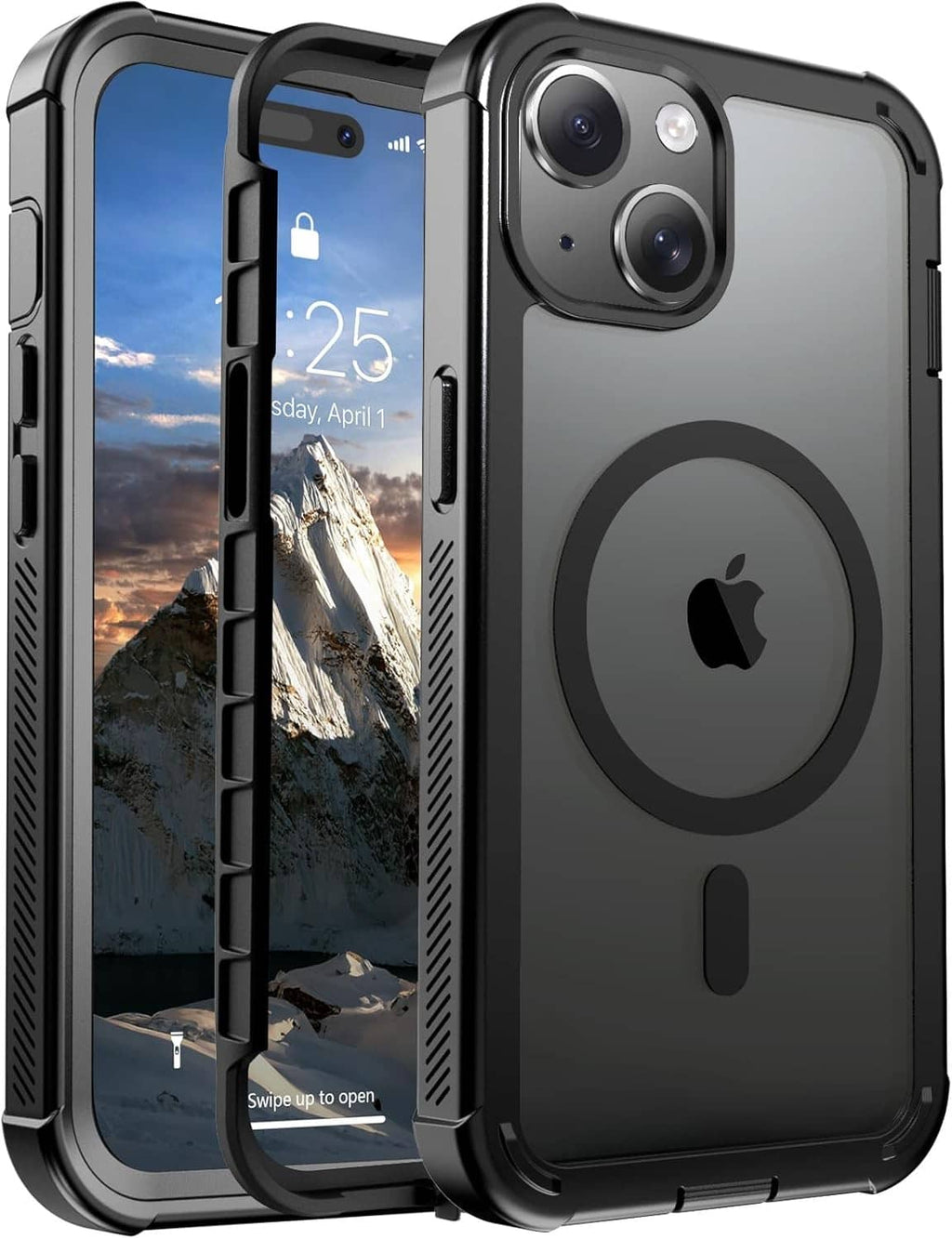 Black rugged MagSafe phone case with raised camera bezel and circular ring on back