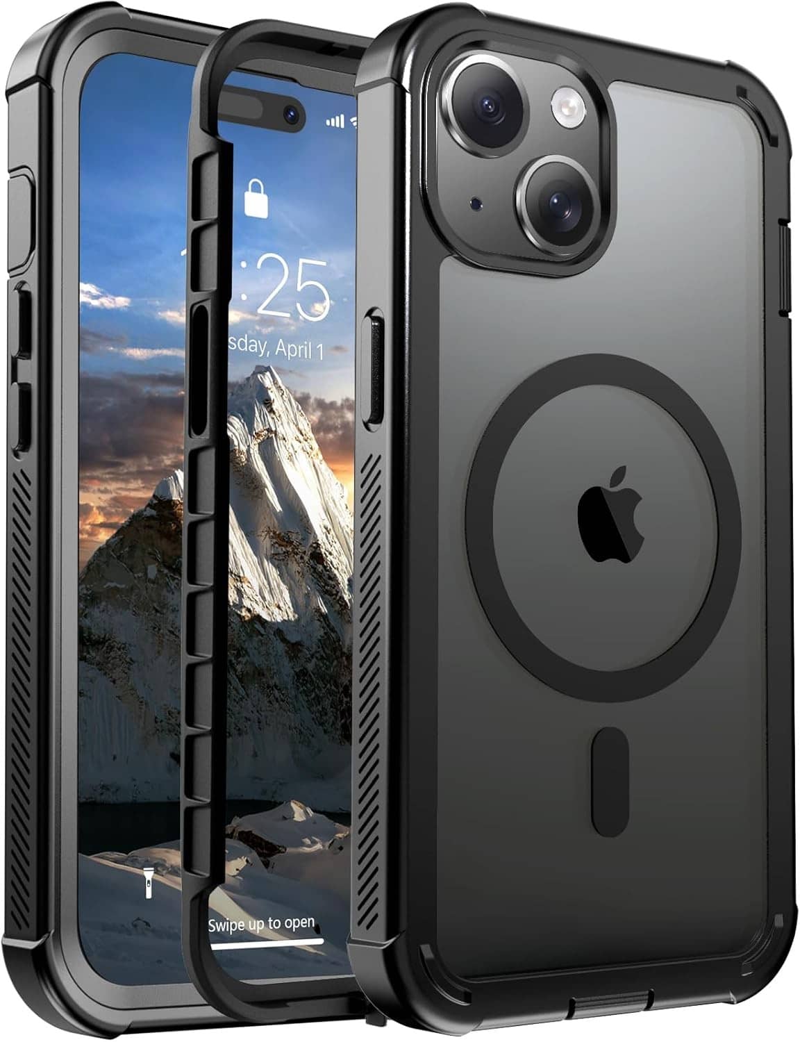 Black rugged MagSafe phone case with raised camera bezel and circular ring on back
