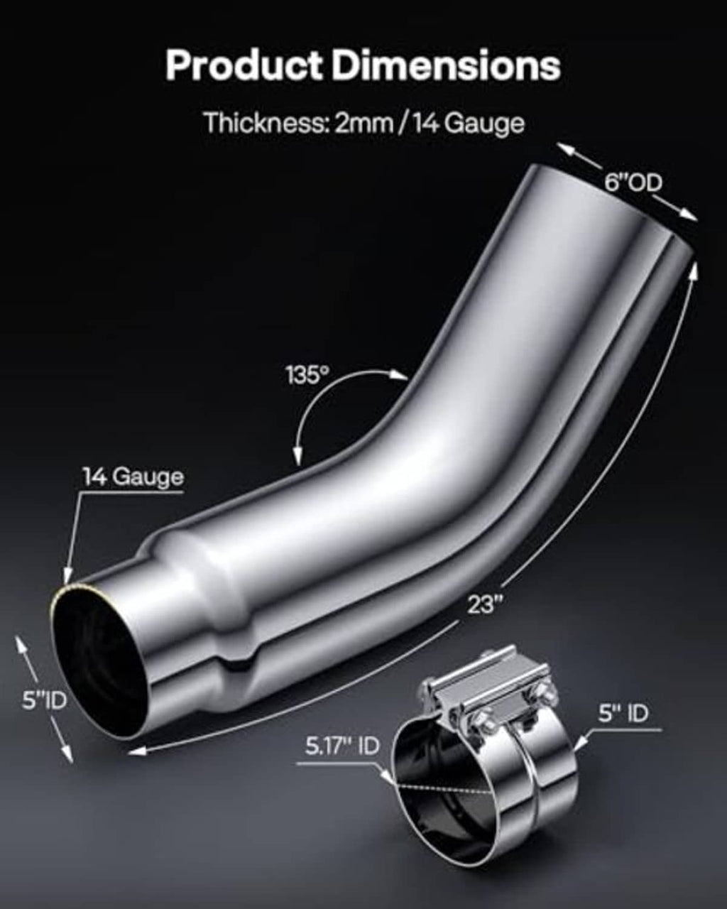 Chrome exhaust elbow tip with clamp, product dimensions view with black inlet opening