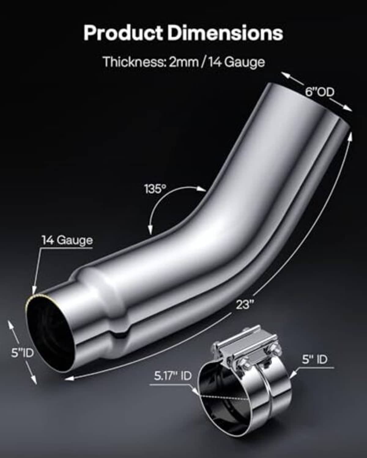 Chrome exhaust elbow tip with clamp, product dimensions view with black inlet opening