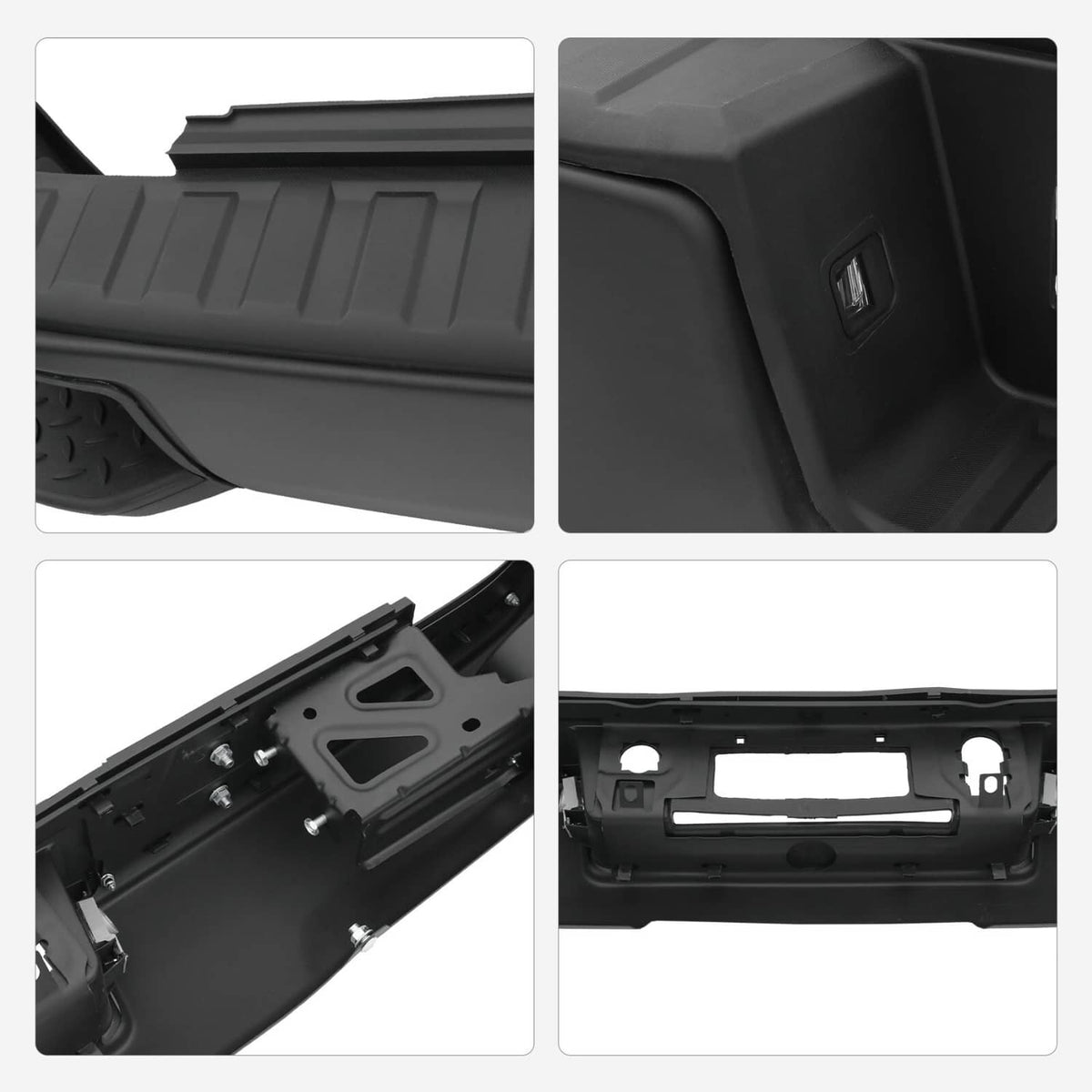 Black rear step bumper underside and mounting brackets, showing hardware and slots