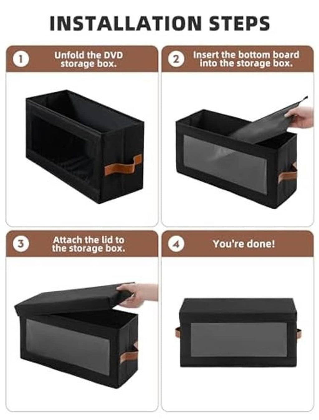 Black DVD storage box set-up with dust cover, bottom board, and brown strap handles