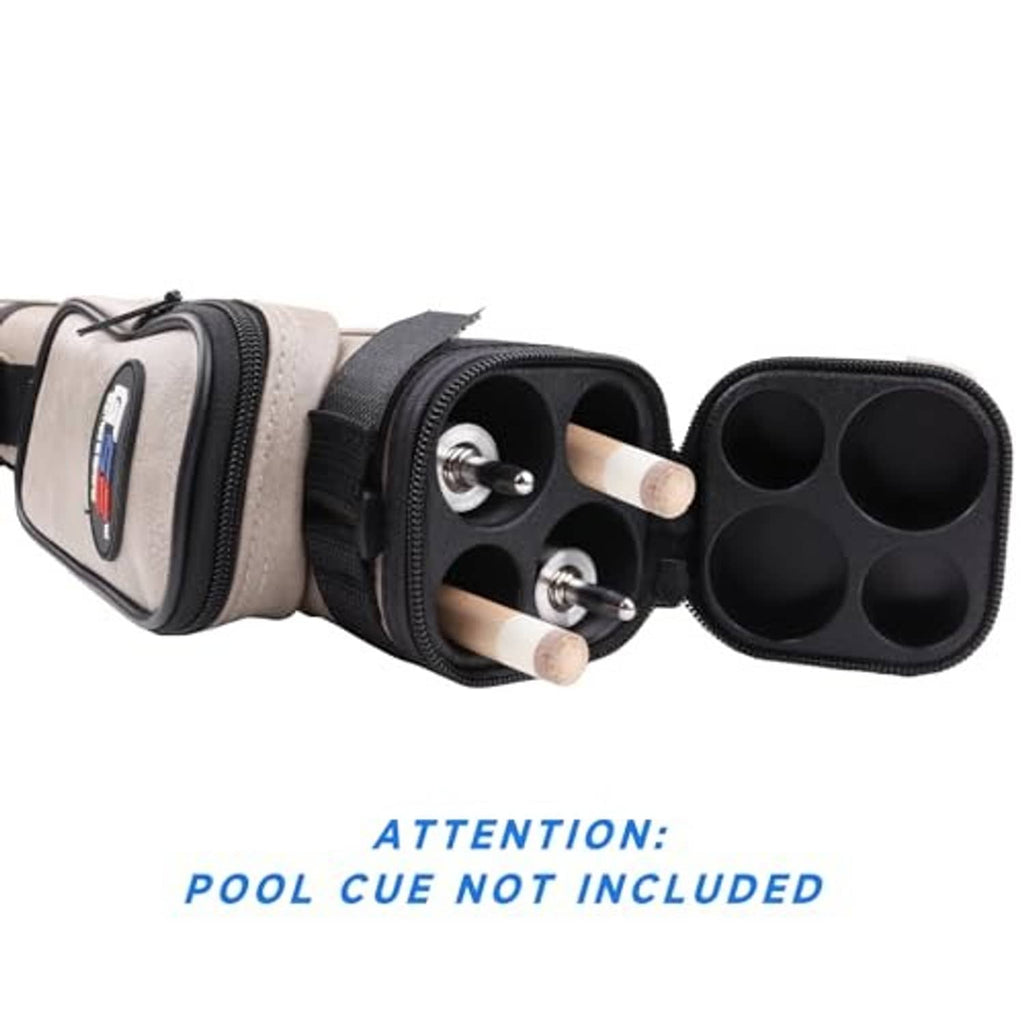 Open pool cue case end with five round tip holes and two wooden cue tips