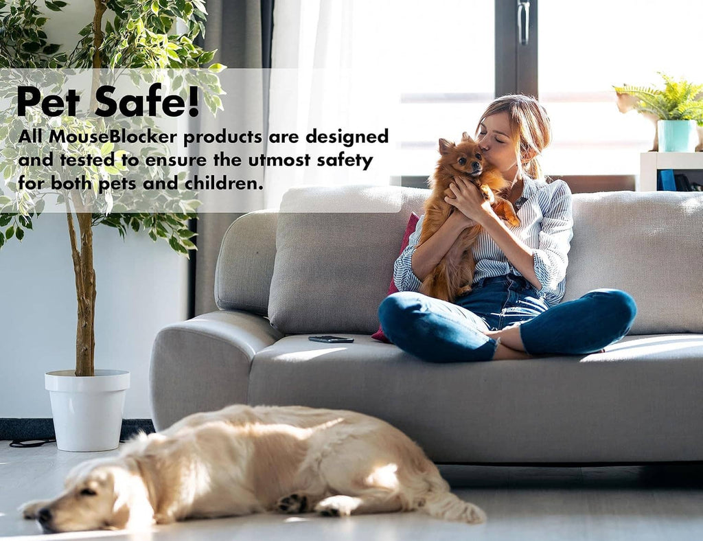 Pet-safe home scene with dog on sofa and MouseBlocker rodent deterrent for 12V systems