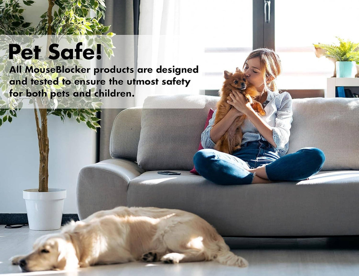 Pet-safe home scene with dog on sofa and MouseBlocker rodent deterrent for 12V systems
