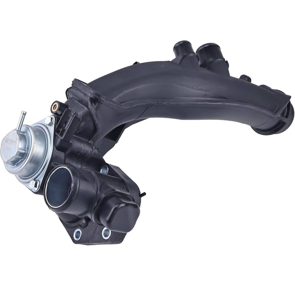 Turbocharger charge air pipe joint with silver flange and black rubber hoses
