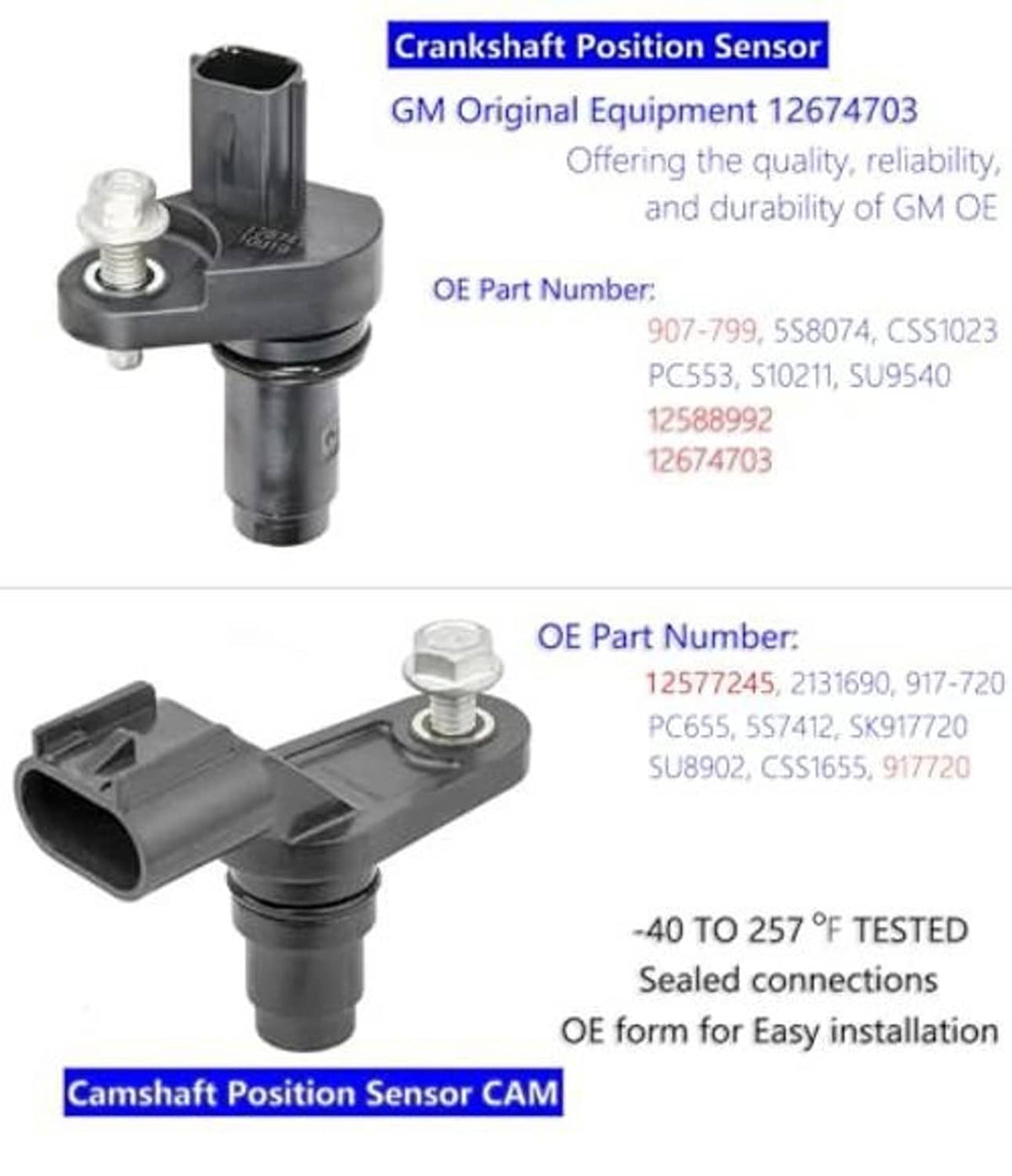 Crankshaft and camshaft position sensor housing with mounting tab, black and silver