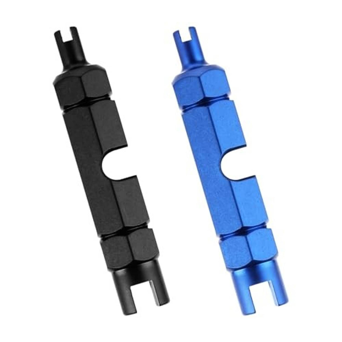 Valve core remover tools, paired black and blue pieces with fork ends