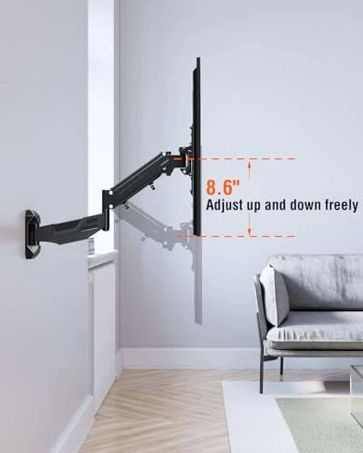 Black extended TV wall mount bracket allowing smooth up-and-down height movement
