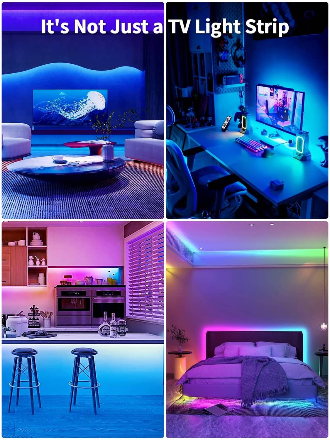 Multicolor LED light strip showing RGB lighting effects in multiple home rooms