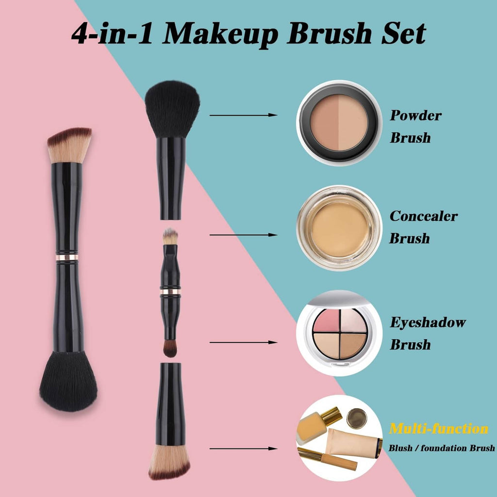 4-in-1 makeup brush set showing powder, concealer, eyeshadow, and multi-function brush