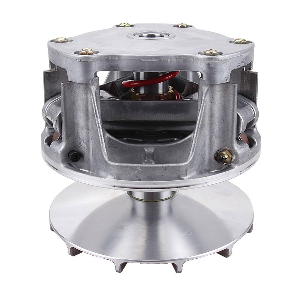 Metal clutch housing with red spring visible through opening and six top fasteners