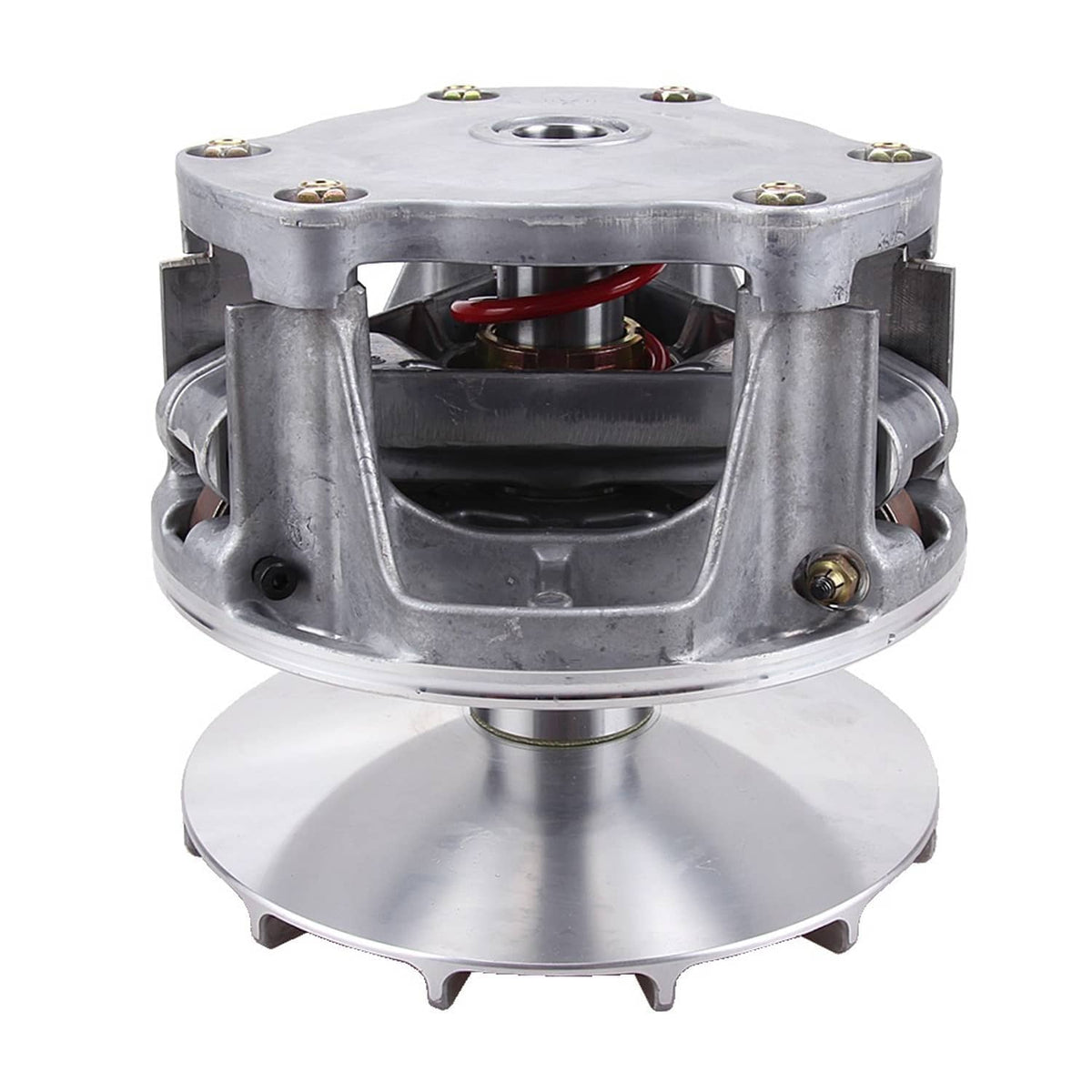 Metal clutch housing with red spring visible through opening and six top fasteners