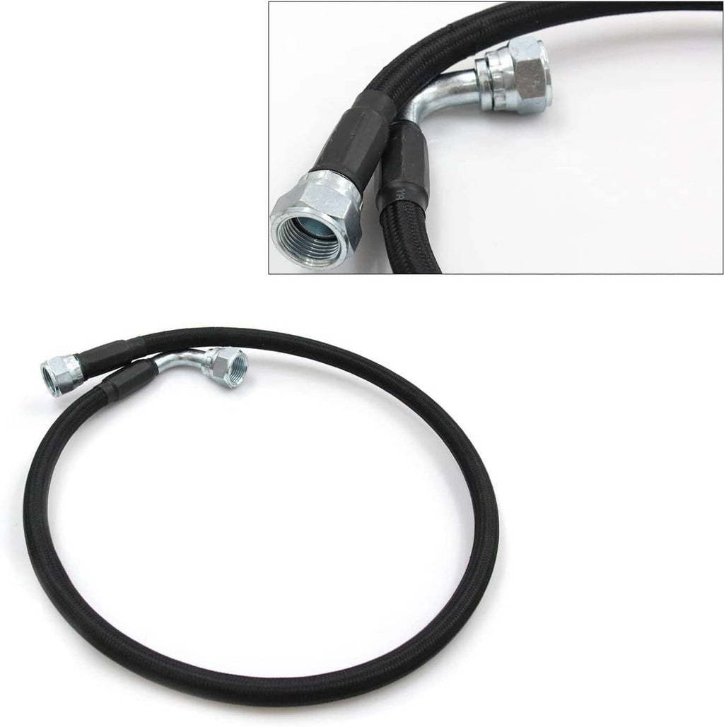 Black braided transmission hose loop with silver elbow connector and threaded end fitting
