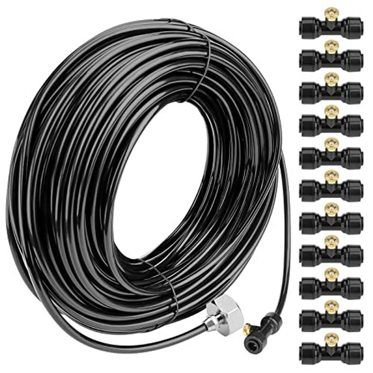 Black misting hose coil with brass mist nozzles and connector set