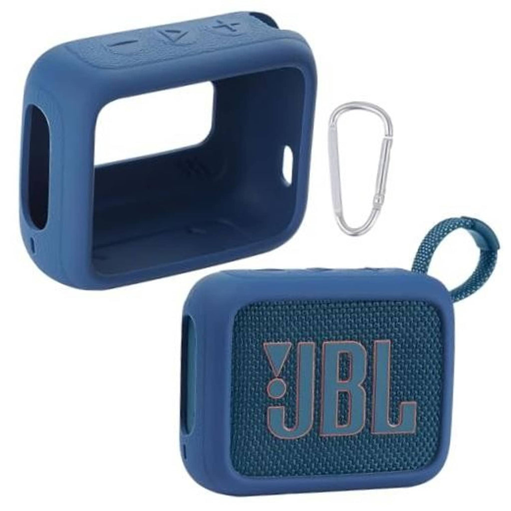 Blue silicone speaker cover with handle strap and side openings