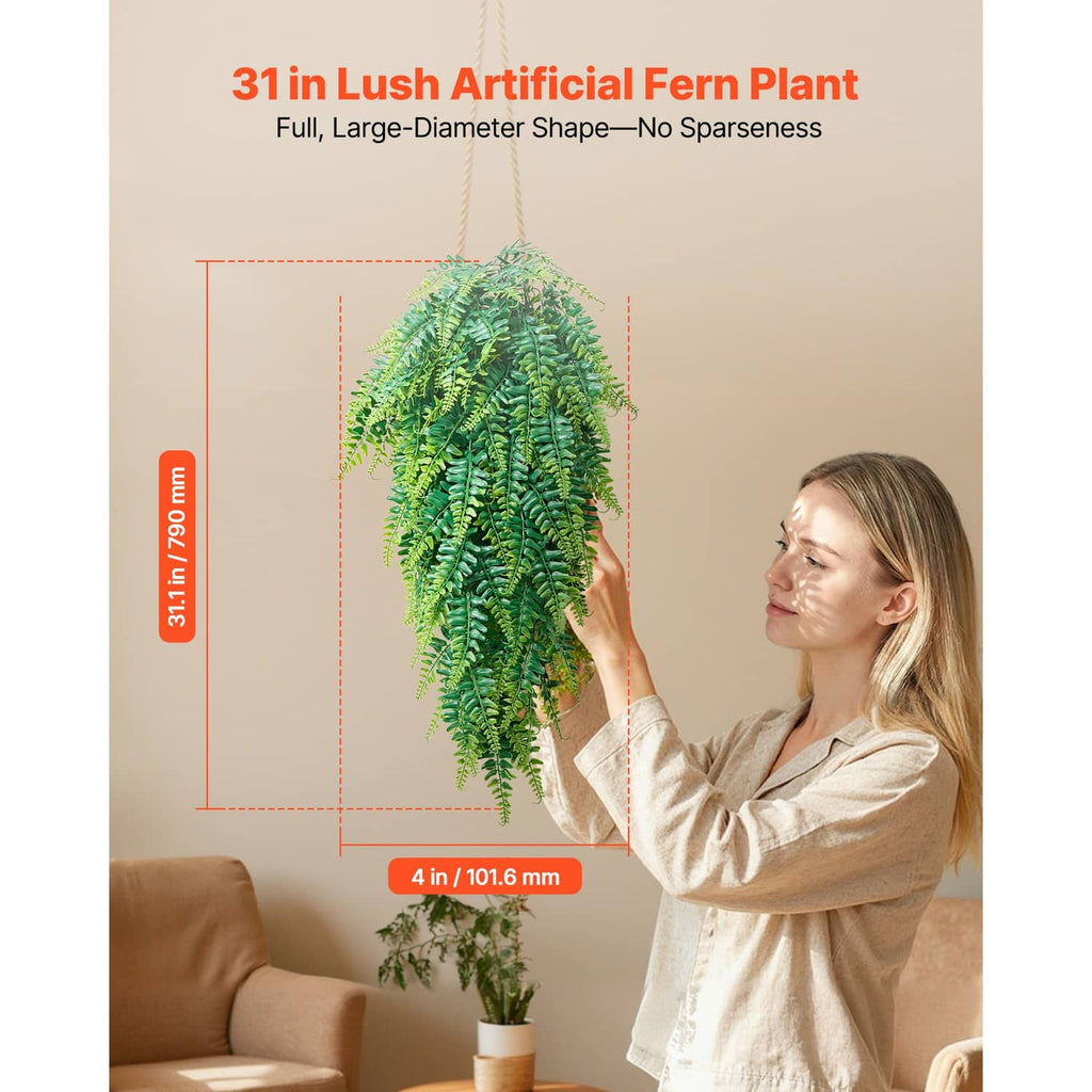 Artificial hanging Boston fern bush with dense green fronds, held upright