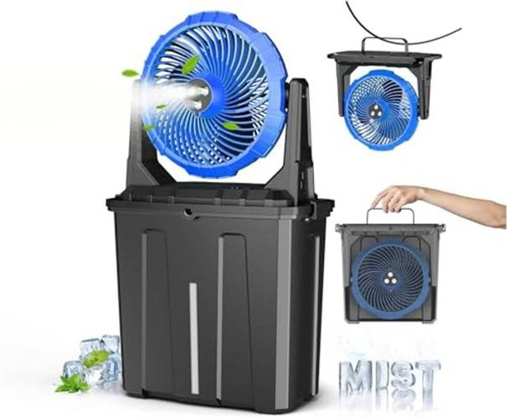 Portable misting fan with blue fan grille and black bucket base with carry handle