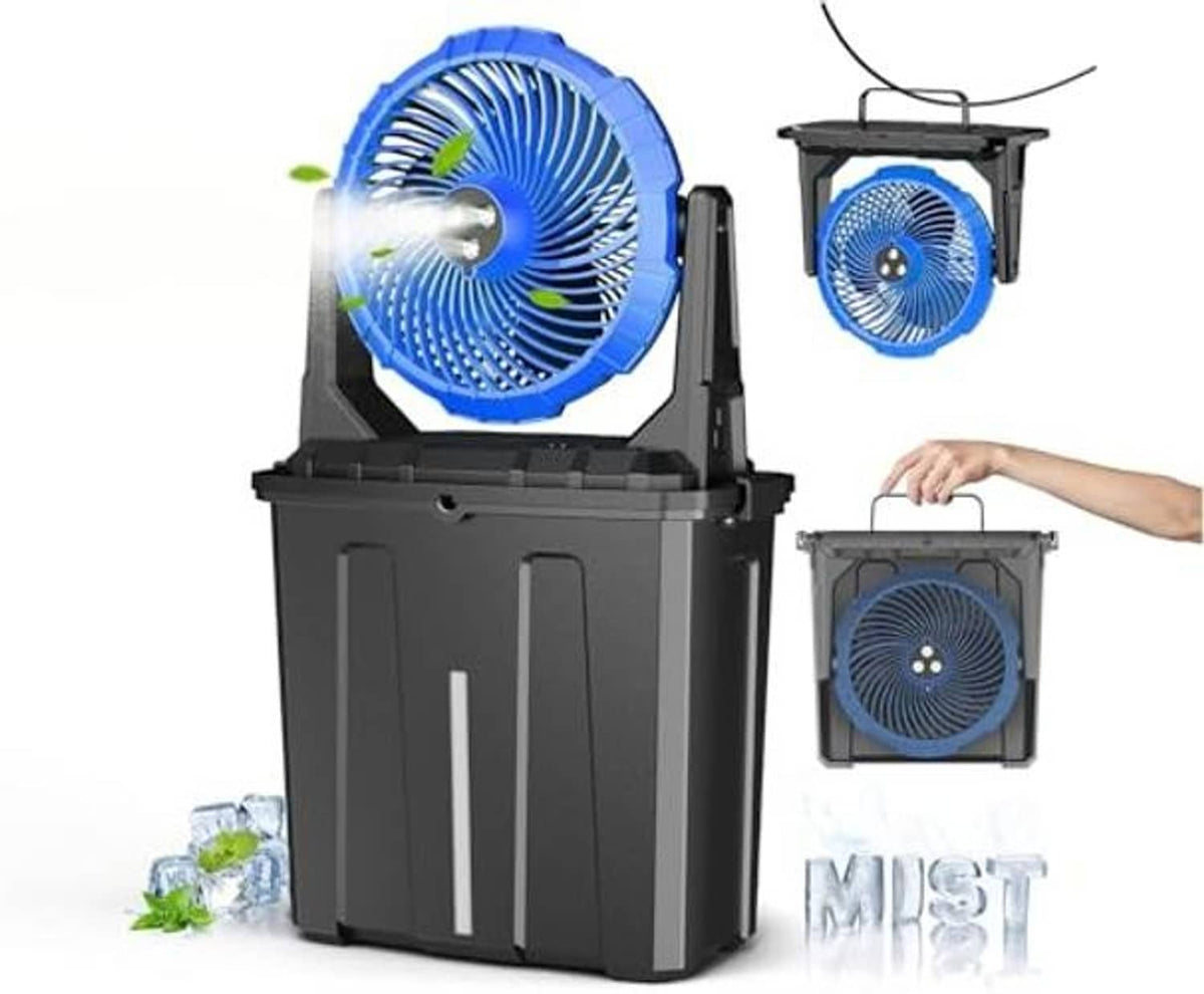 Portable misting fan with blue fan grille and black bucket base with carry handle