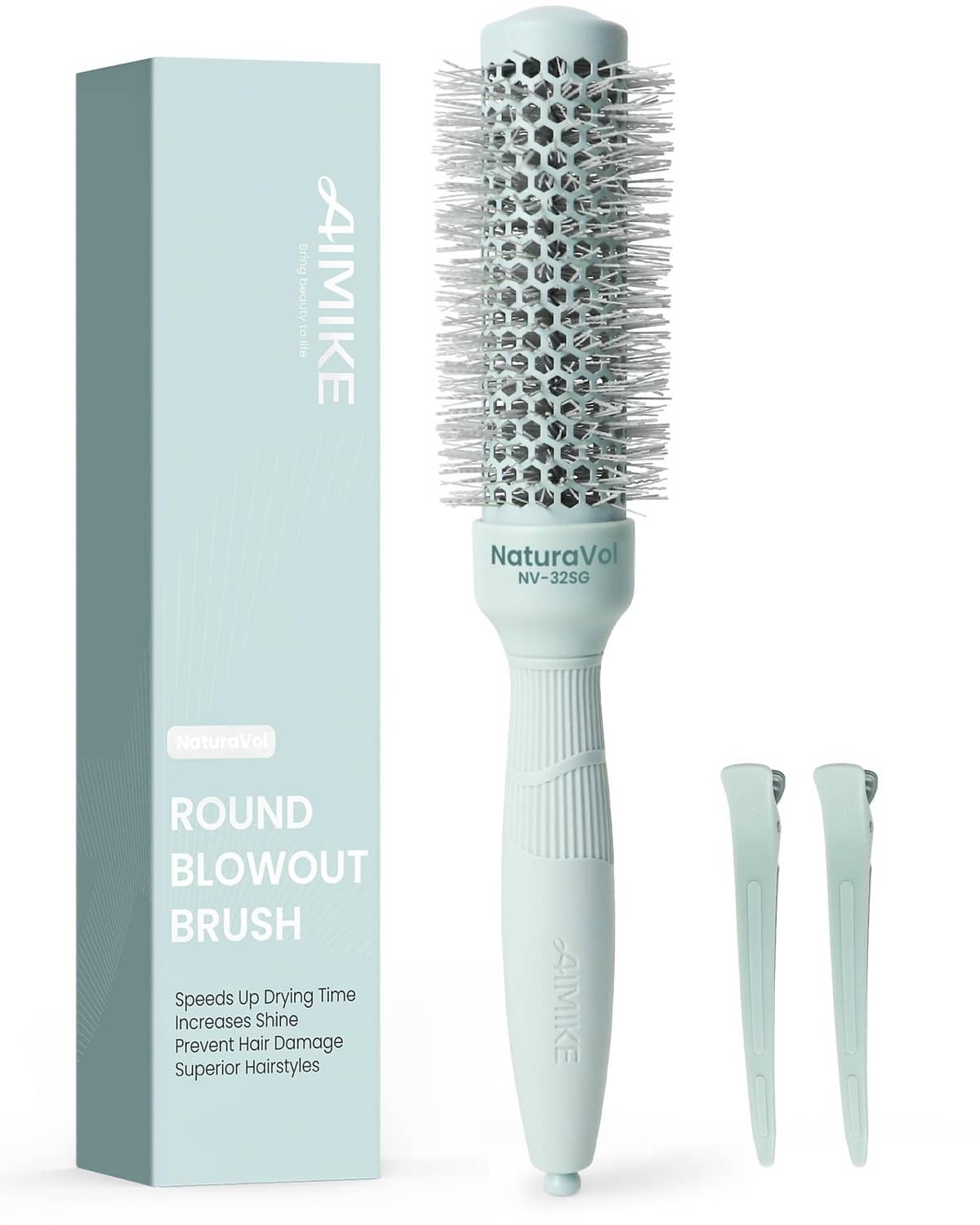 Light blue round blowout brush with vented nylon bristle barrel