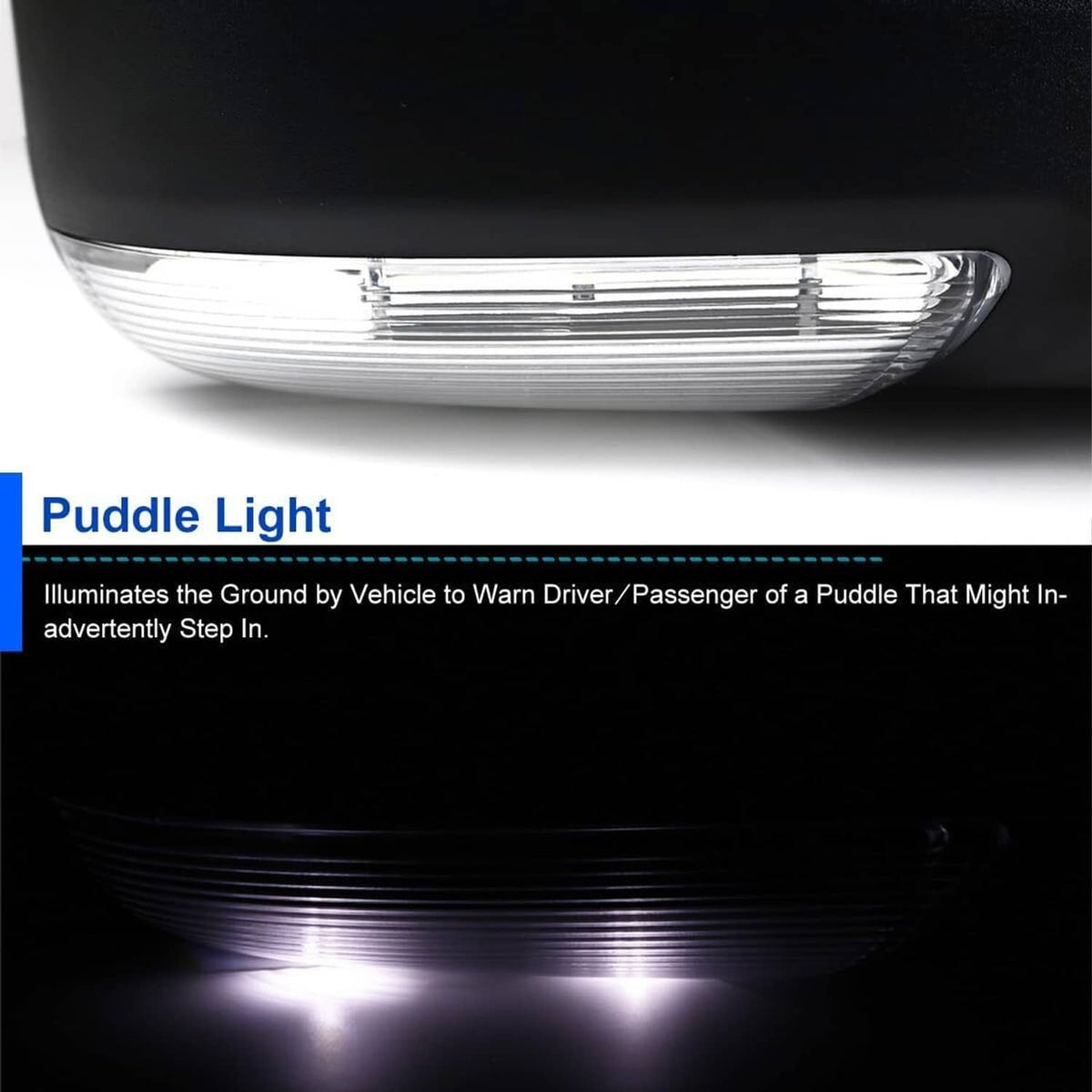 Right passenger side mirror lower LED puddle light lens and housing detail