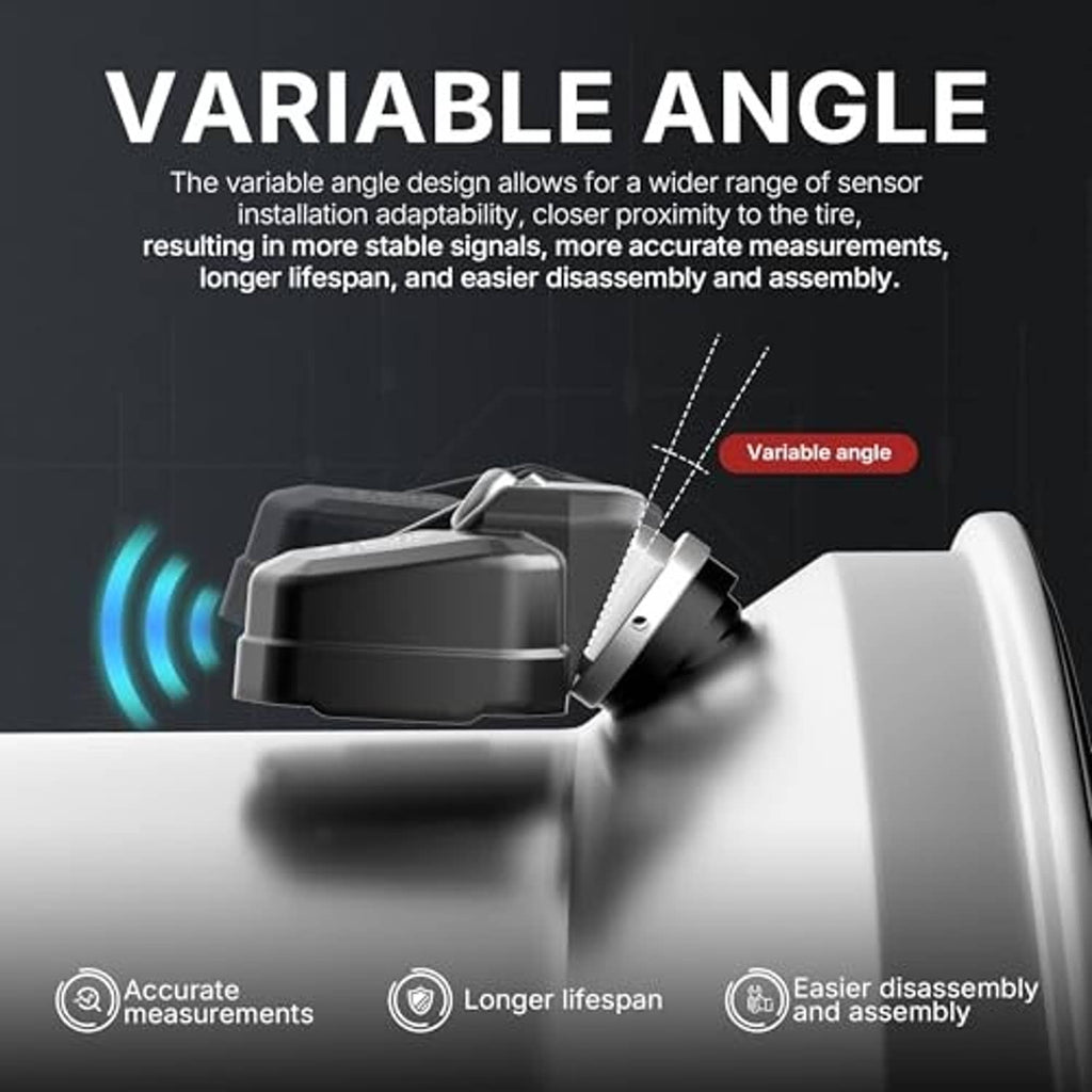 TPMS sensor with variable-angle design graphic and tire proximity illustration