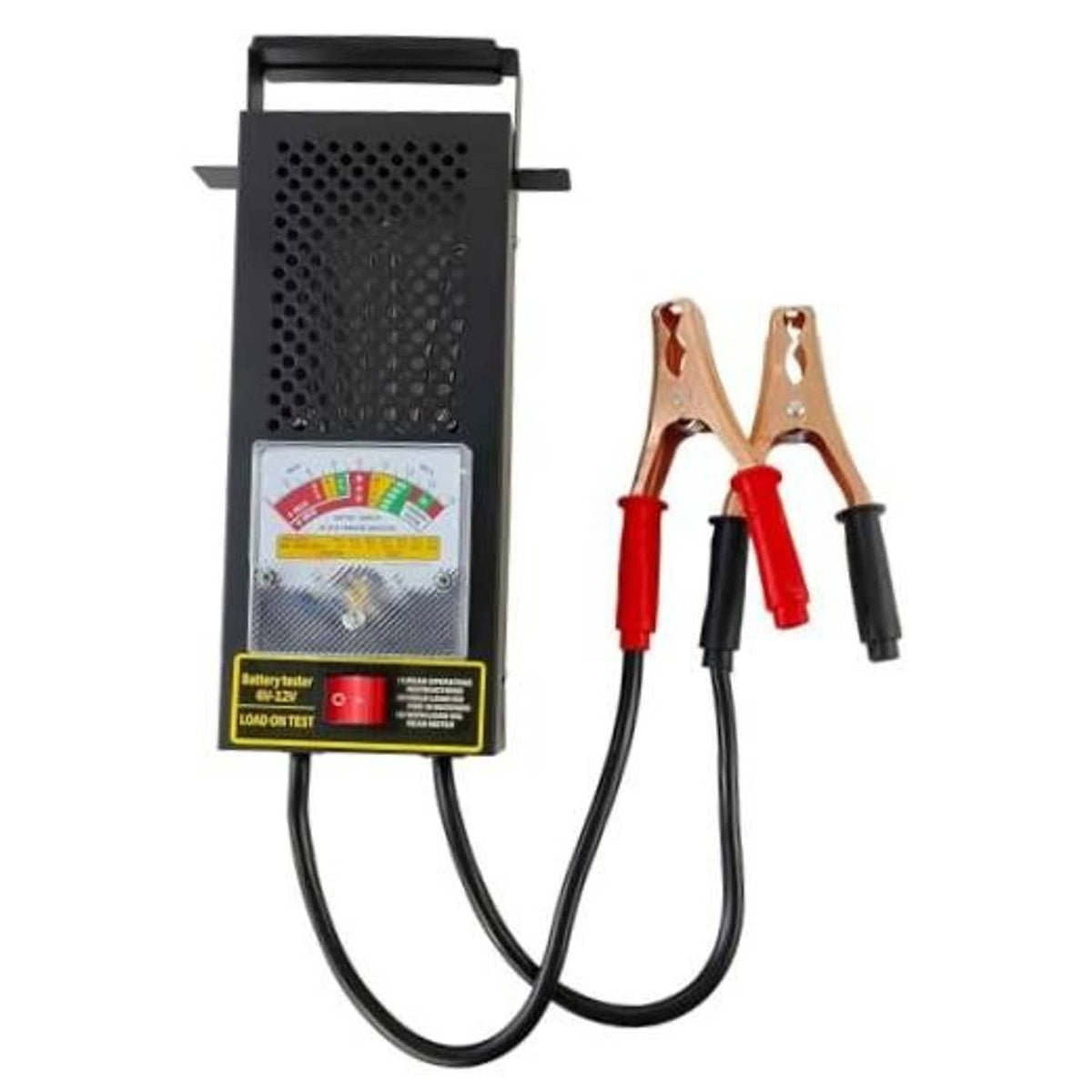 Car battery load tester with black housing, cables, and red/black battery clamps