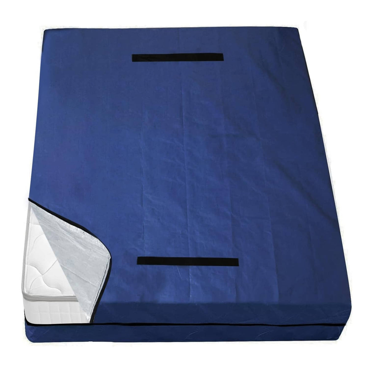 Navy twin waterproof mattress cover with top handles and light gray corner backing